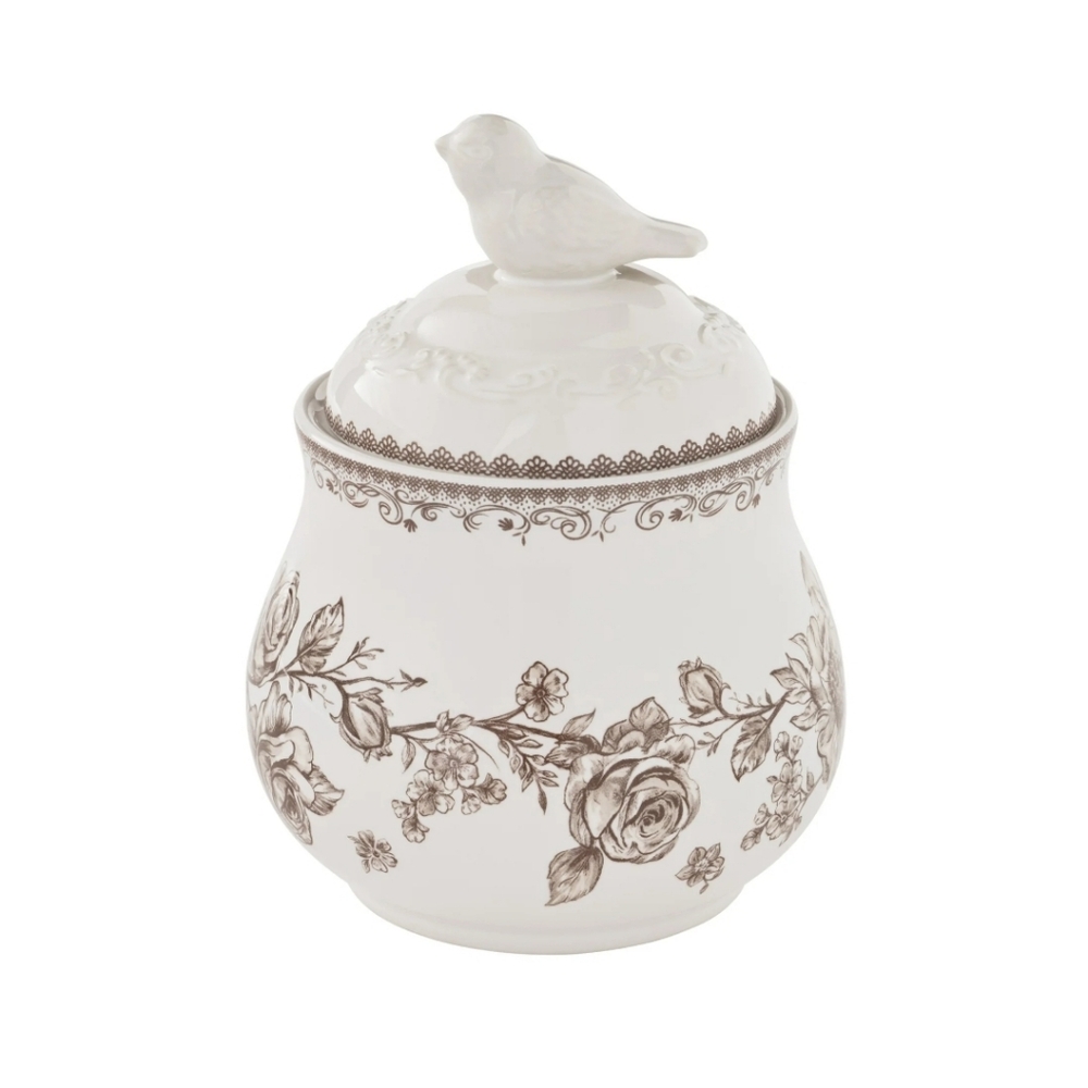 ❤️ 2025 Pioneer Woman Agatha Brown Floral Sugar Bowl with Bird Lid